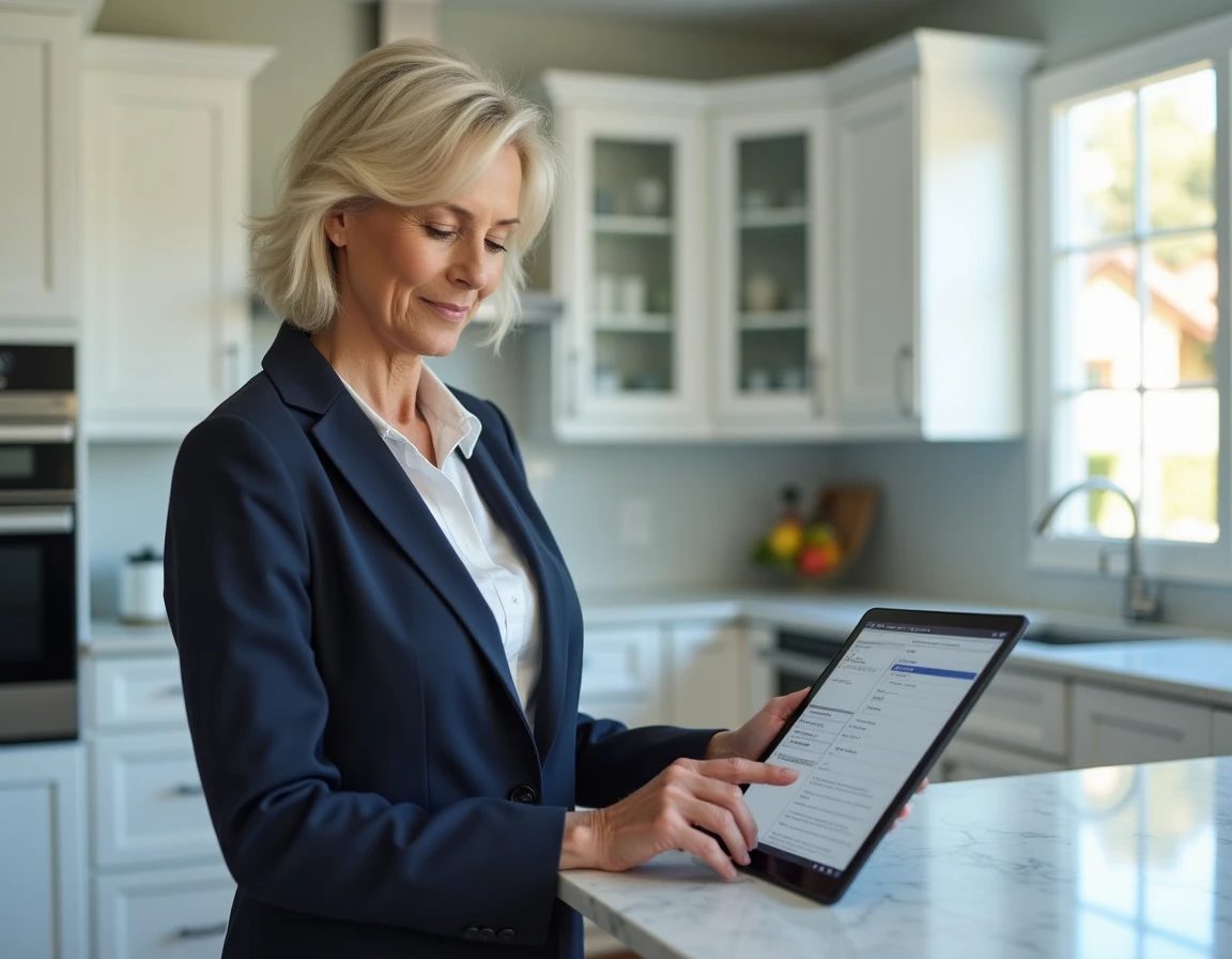 Femme accédant à son espace personnel CNPAS sur une tablette dans une cuisine moderne