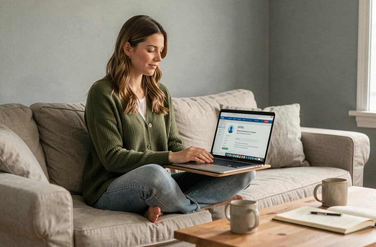 Jeune femme se connectant via VPN à l'intranet de la Région depuis son domicile sur un canapé confortable