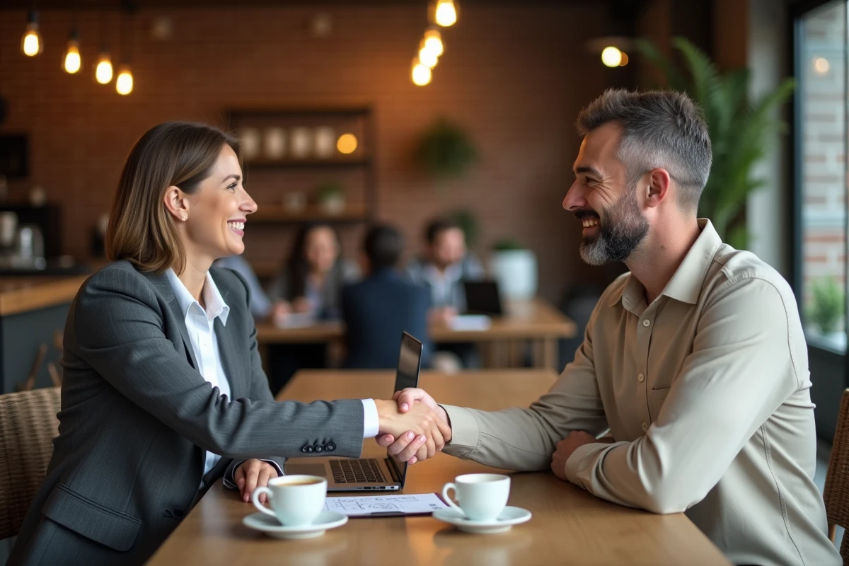 Deux professionnels se serrant la main dans un café autour d'un accord commercial, avec bloc-notes de chiffres et ordinateur portable sur la table