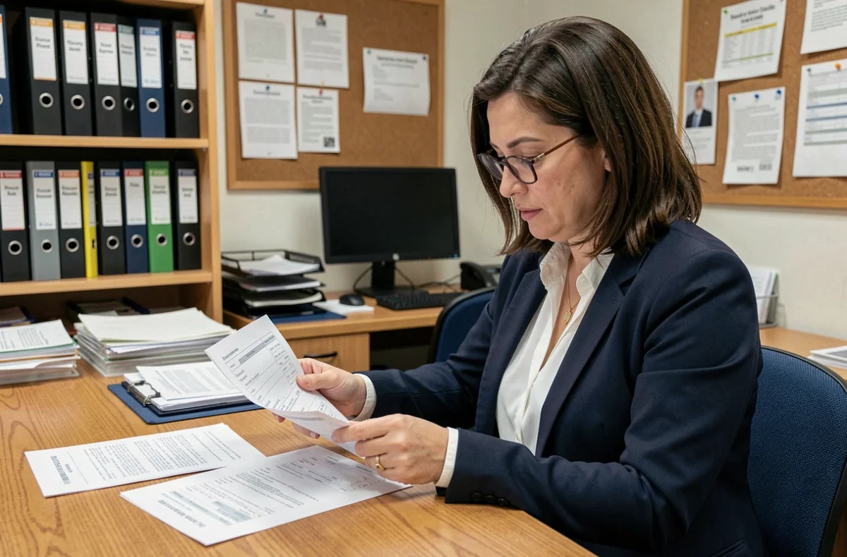 Administratrice scolaire consultant des fiches de paie de l'Éducation nationale sur son bureau