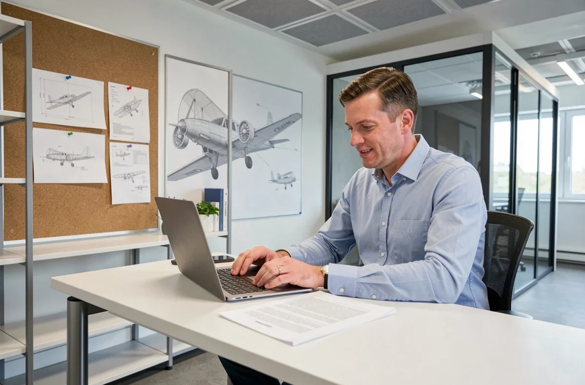 Homme consultant des documents techniques dans Aeroffice à Saint-Cyr-l'École, espace coworking professionnel à l'ambiance aéronautique
