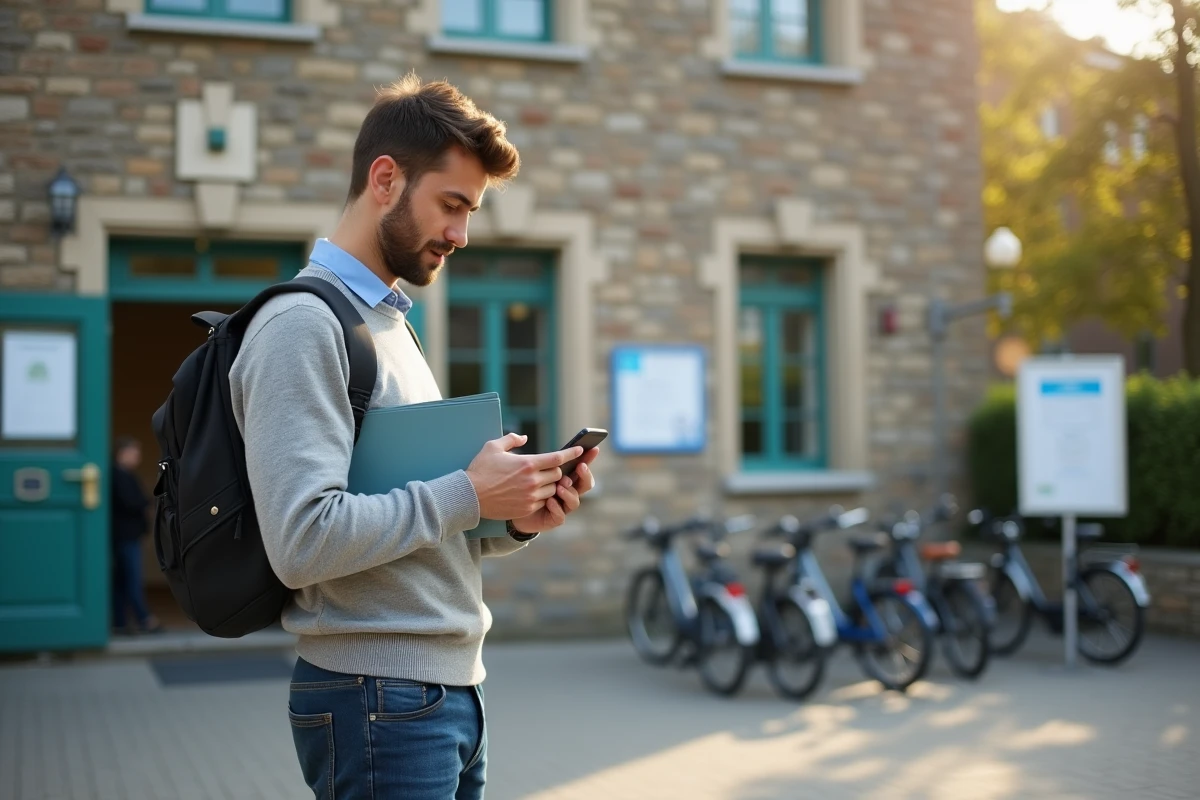 Jeune AESH vérifiant l emploi du temps devant une école