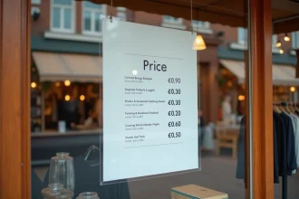 Affiche tarif professionnelle affichée en vitrine d'une boutique avec typographie claire et prix bien organisés
