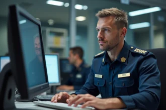 Agent de douane en uniforme dans un bureau moderne