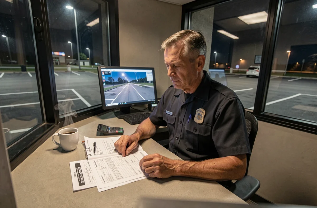 Agent de sécurité en uniforme qui analyse son planning et calcule ses heures de nuit à temps partiel dans un poste de garde