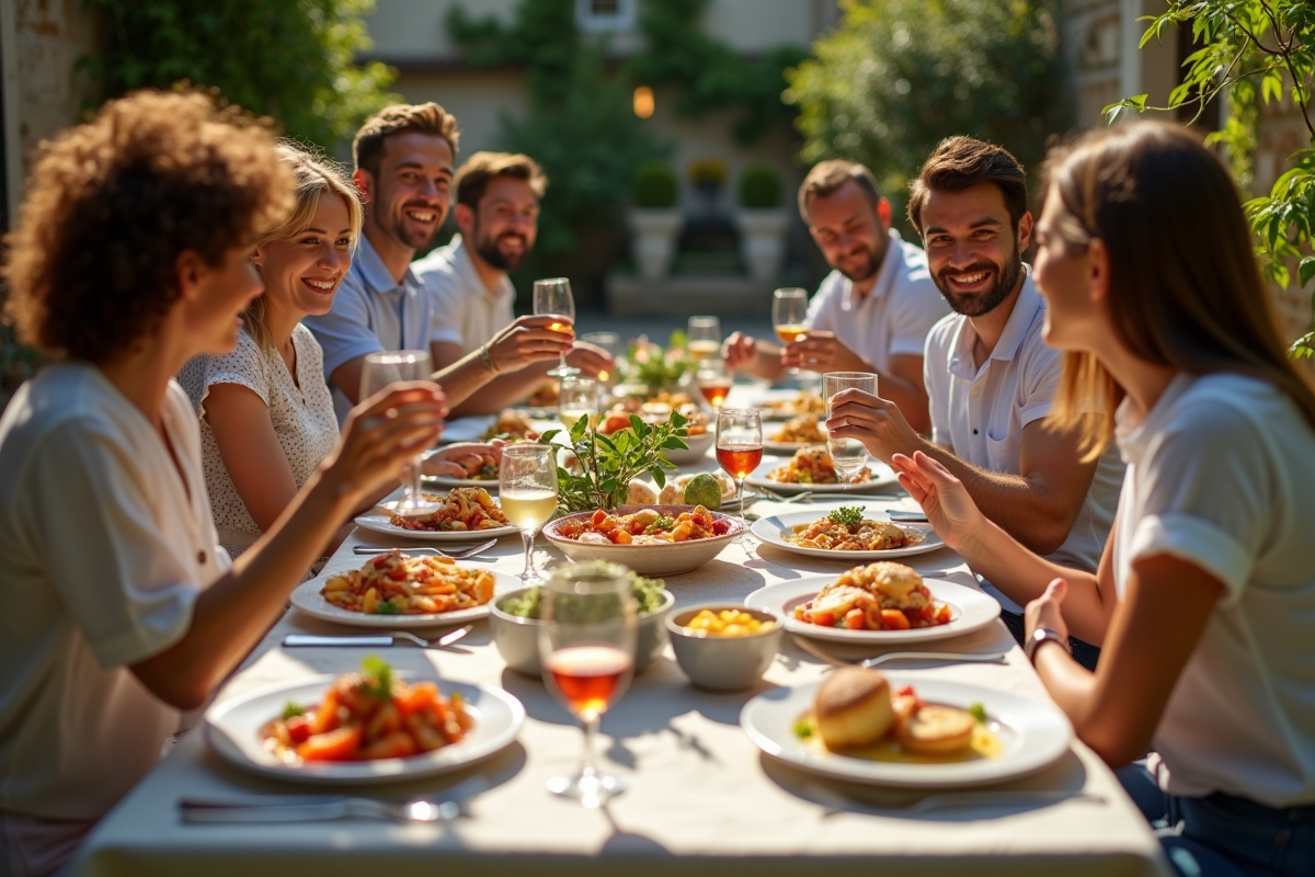 Groupe d amis partageant un repas français en terrasse en plein air