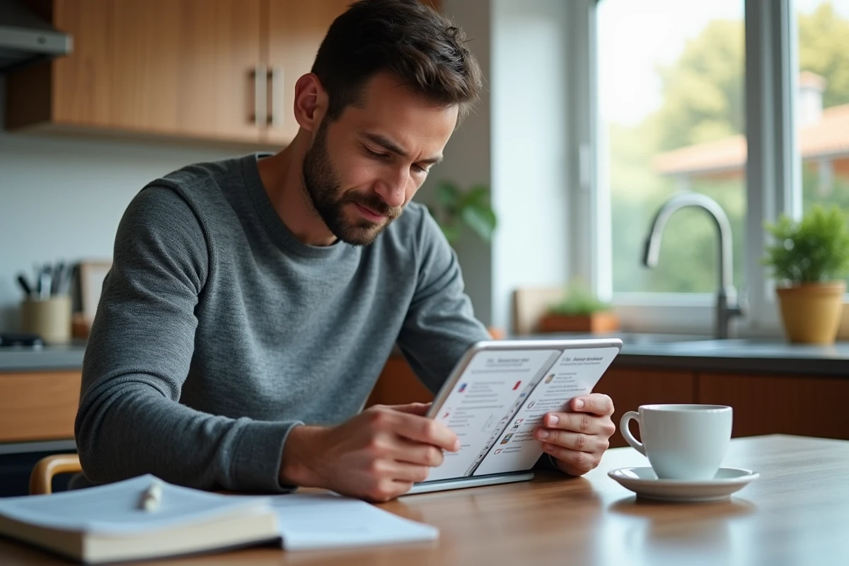 Entrepreneur à domicile analysant les prix des abonnements aux outils IA marketing sur tablette