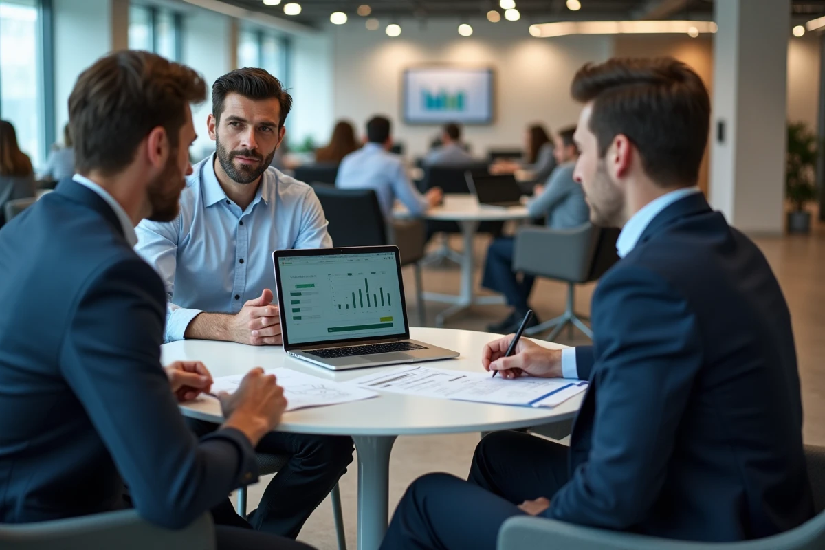 Trois professionnels analysent les résultats commerciaux d'un événement de networking B2B autour d'un tableau de bord CRM et d'un tableau de suivi des contacts