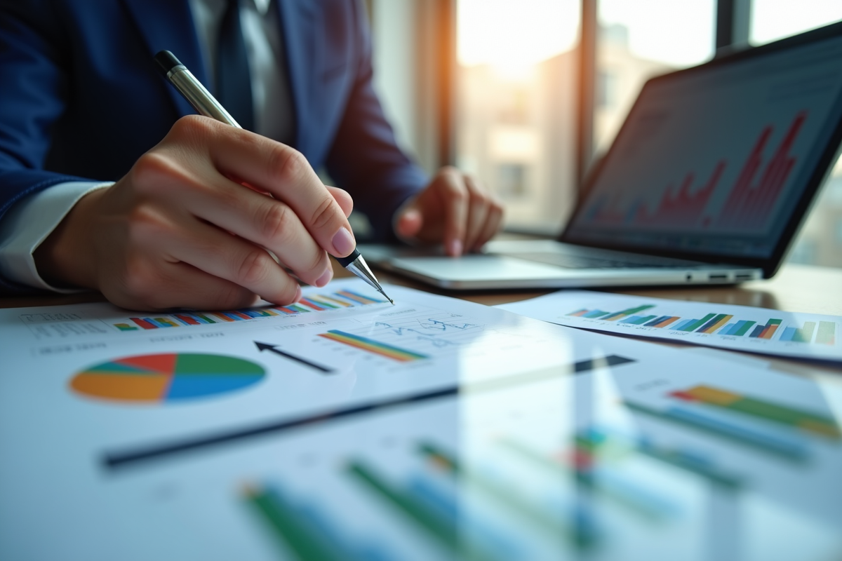 Mains tenant des stylos sur rapports financiers colorés