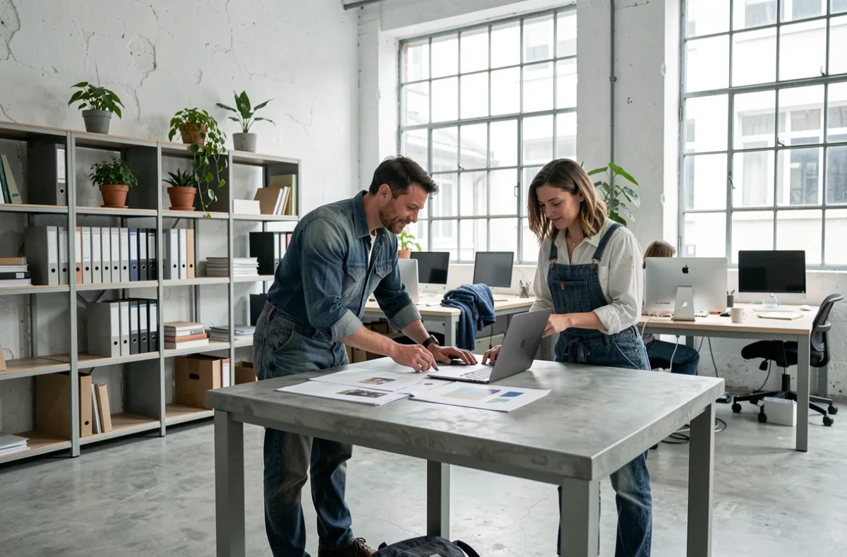 Deux professionnels collaborant dans L'Atelier Coworking 78, un espace moderne aux murs blancs et sols en béton poli