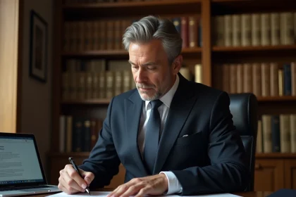 Avocat en costume marine examinant des documents administratifs officiels dans son cabinet juridique avec des étagères remplies de livres de droit en arrière-plan