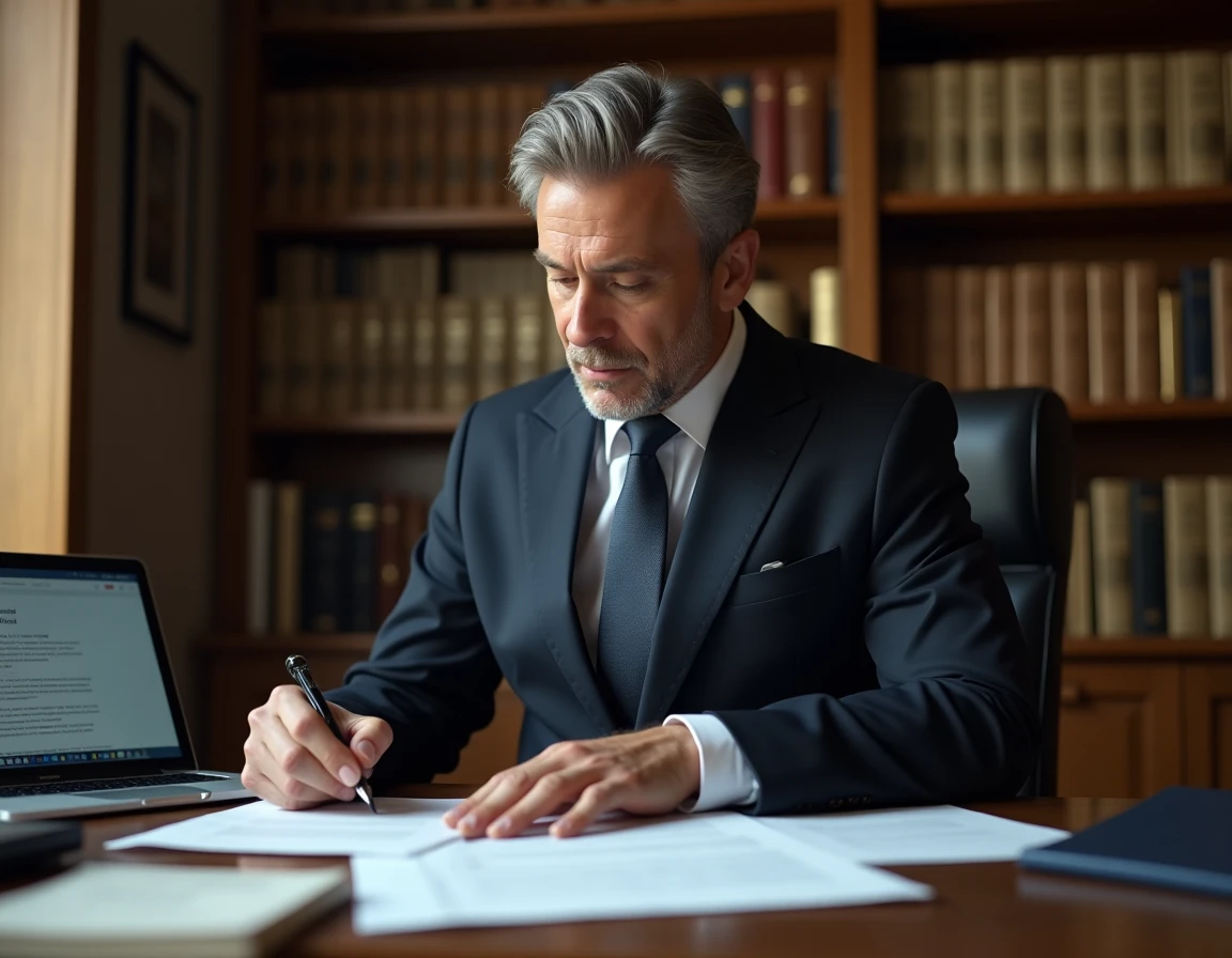 Avocat en costume marine examinant des documents administratifs officiels dans son cabinet juridique avec des étagères remplies de livres de droit en arrière-plan