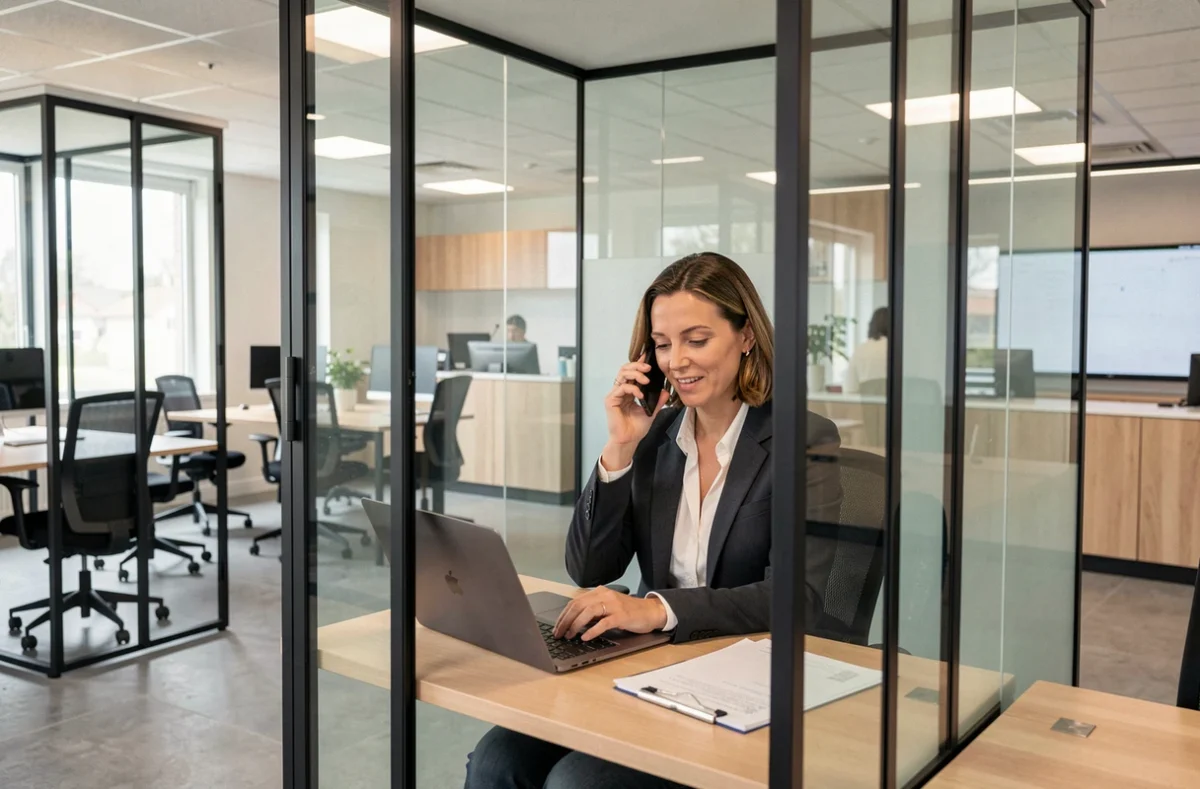 Femme en communication téléphonique dans une cabine privative de B-Coworker à Élancourt, espace coworking moderne avec cloisons en verre