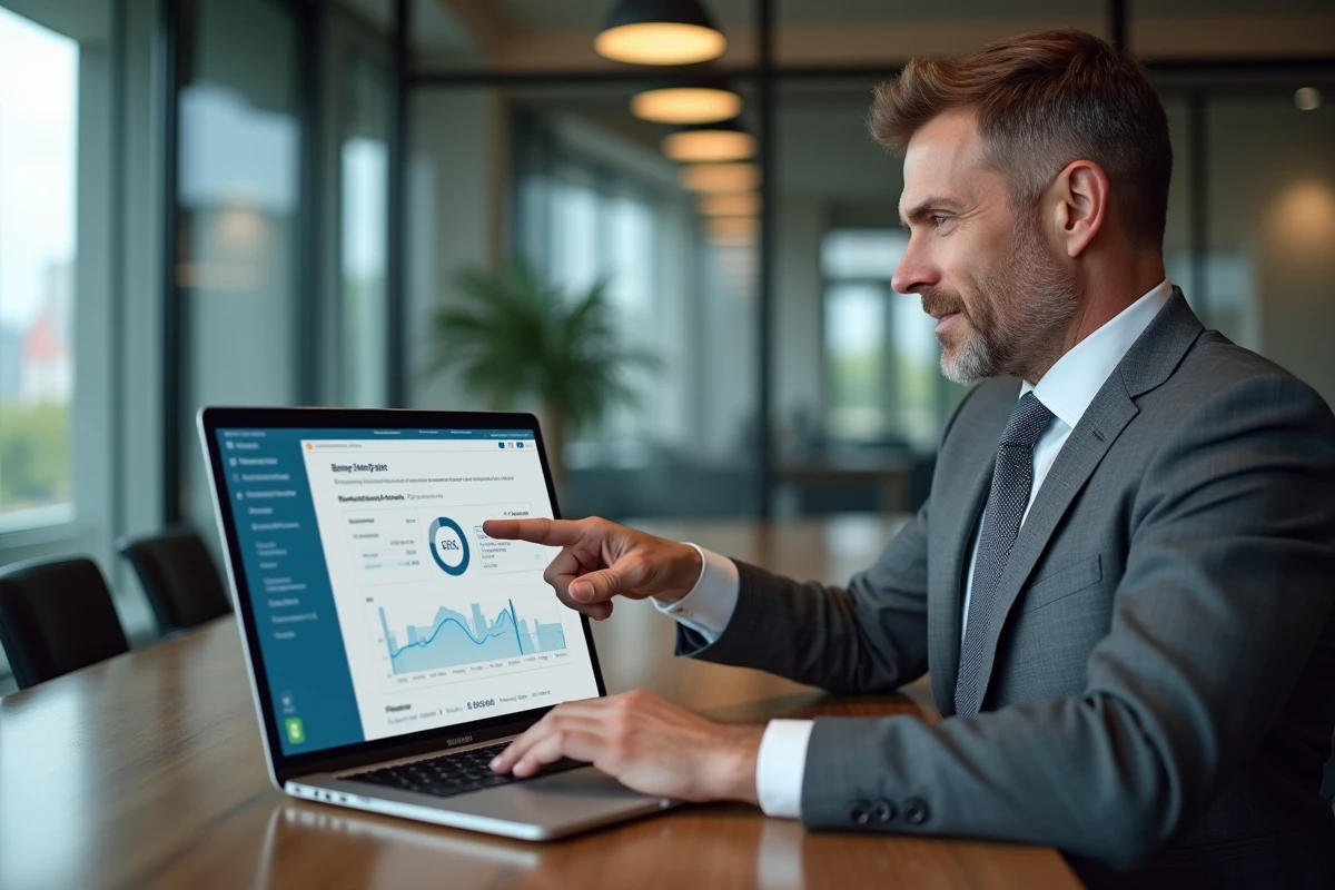Banquier pointant un tableau financier sur son ordinateur