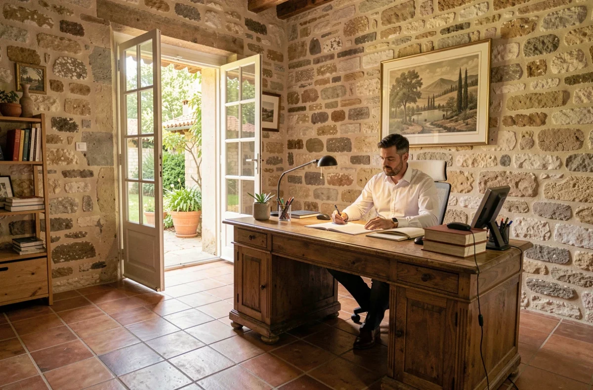 Bastide Ikigaï Aix-en-Provence, espace de coworking dans une bâtisse provençale avec sols en tommettes et jardin intérieur