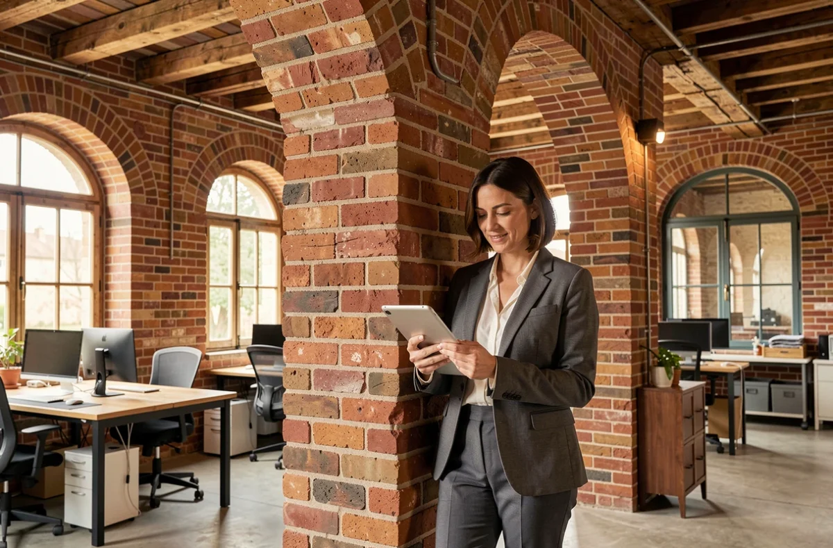 Femme consultant une tablette dans La Briqueterie à Feucherolles, espace coworking dans un bâtiment en briques rouges reconverti avec poutres apparentes