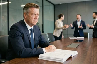 Cadre en costume assis devant des documents non traités lors d'une réunion d'entreprise, illustrant le principe de Peter et le plafond de carrière