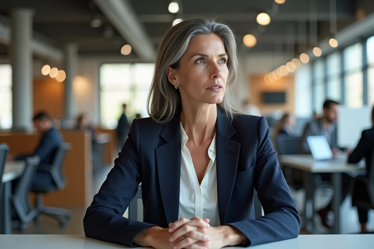 Femme cadre dirigeante dans un bureau style Silicon Valley, réfléchissant aux décisions stratégiques de l'entreprise