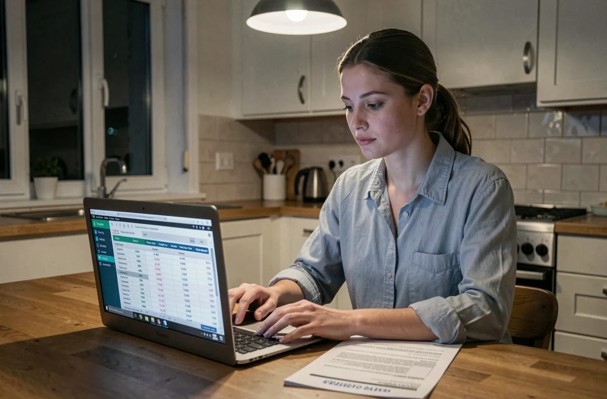 Jeune femme qui calcule son salaire horaire de nuit à temps partiel sur un tableur depuis sa cuisine à domicile