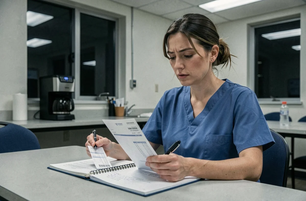 Infirmière en blouse bleue qui calcule son salaire de nuit sur un bulletin de paie dans une salle de pause hospitalière