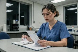 Infirmière en blouse bleue qui calcule son salaire de nuit sur un bulletin de paie dans une salle de pause hospitalière