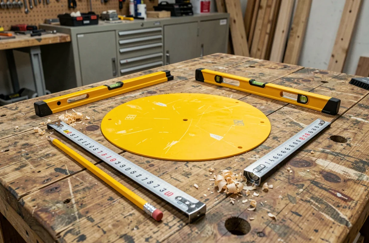 Cercle BTP et outils de mesure professionnels posés sur un établi de chantier en bois usé