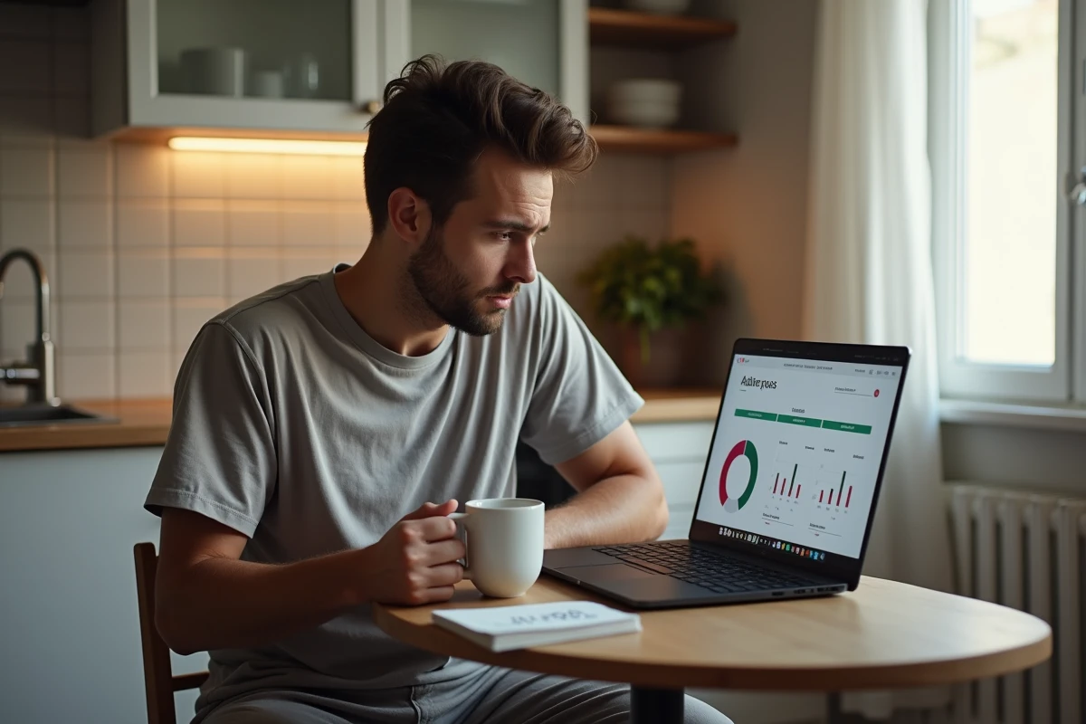 Chauffeur livreur à temps partiel analysant ses revenus Uber Eats sur un ordinateur portable à la maison