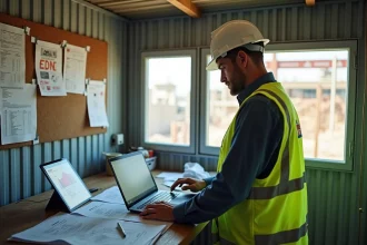 Chef de chantier BTP consultant un logiciel de gestion intégré à la comptabilité sur un ordinateur portable dans un bureau de chantier