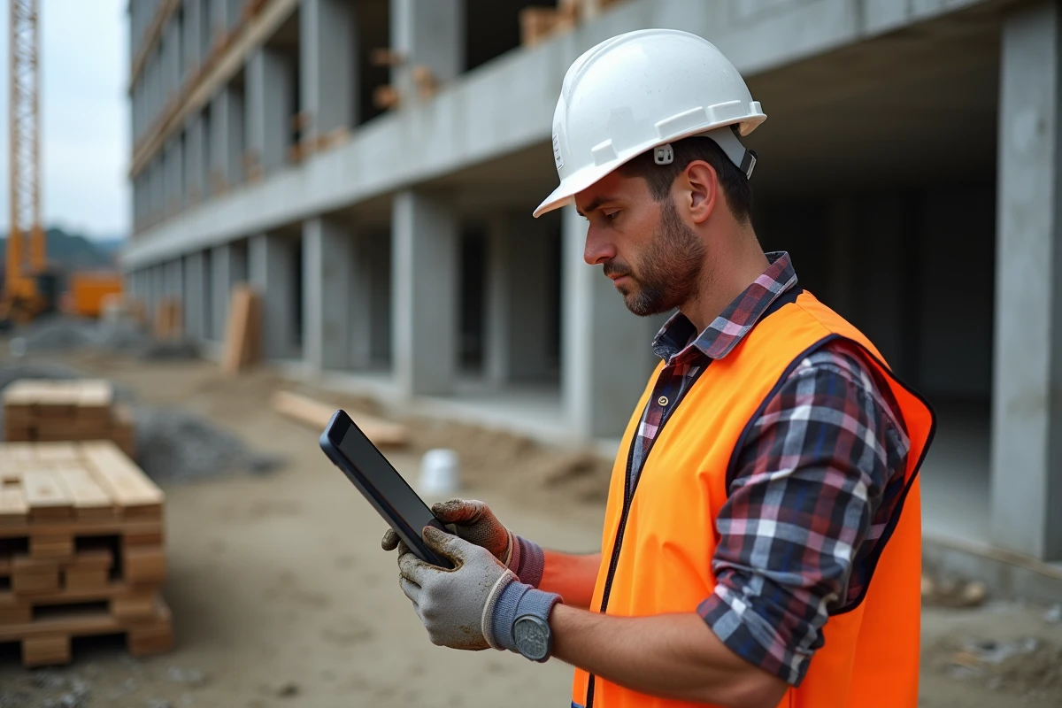 Chef de chantier BTP consultant un tableau de suivi des coûts sur une tablette numérique sur un chantier de construction