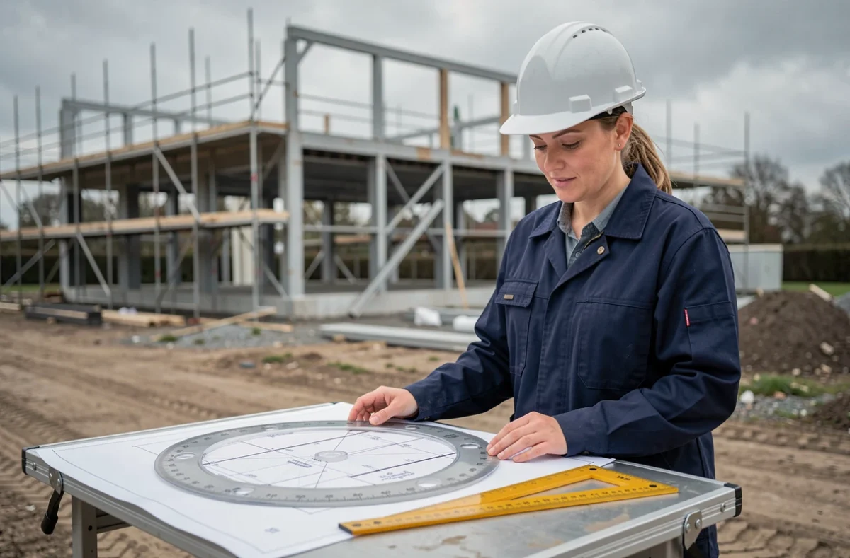 Cheffe de chantier consultant des plans avec un cercle BTP posé sur la table de travail extérieure