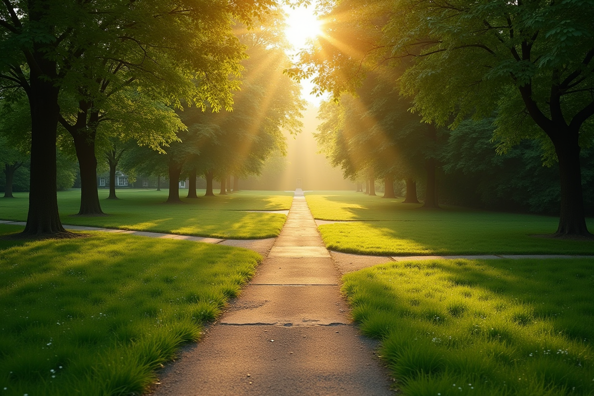 Trois chemins divergents dans un parc au coucher du soleil