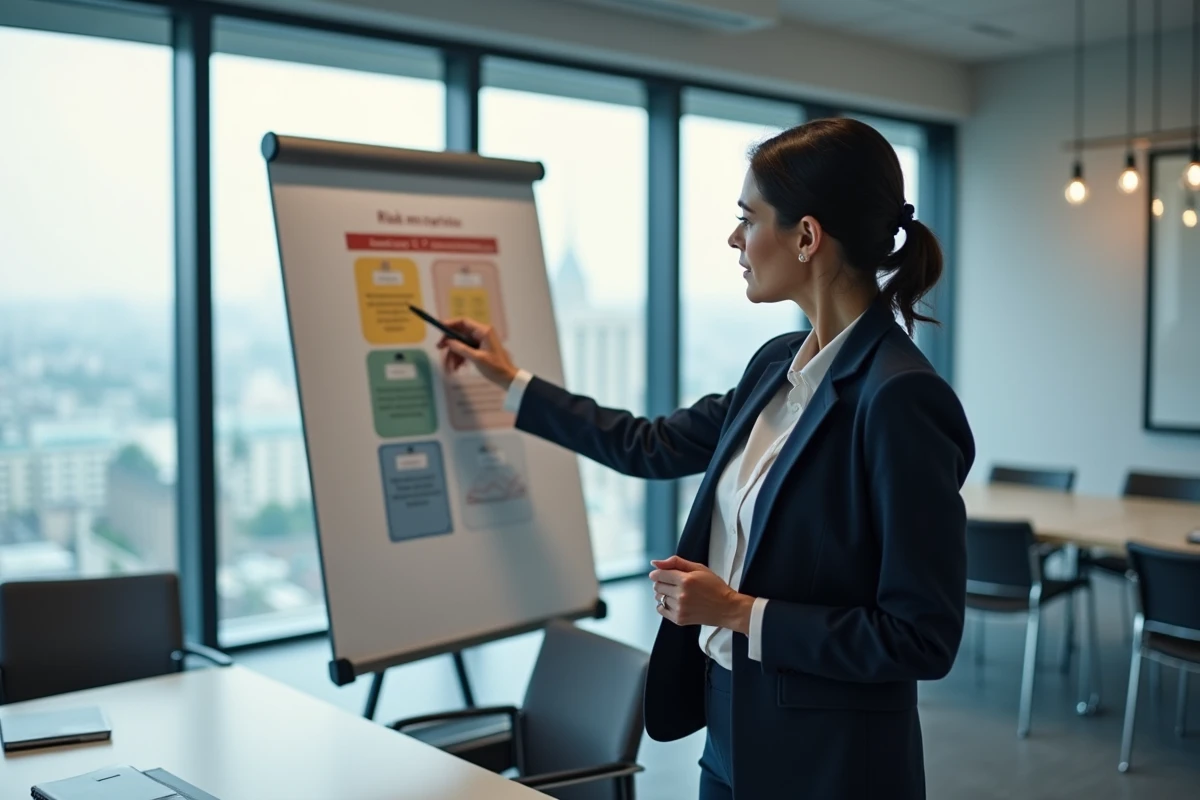 Responsable risk management analysant une matrice de classification des risques sur tableau blanc en entreprise