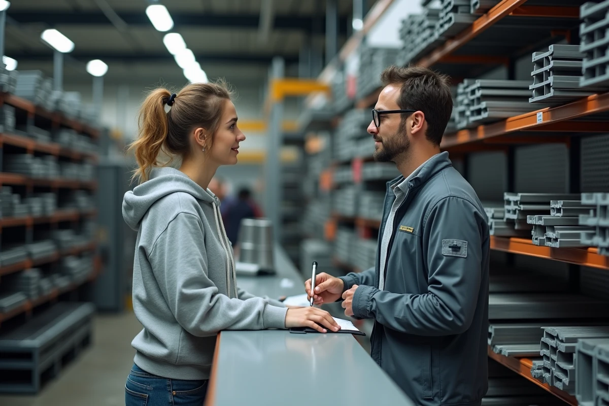 Cliente avec une liste d'achat consultant un vendeur devant un présentoir de tubes et fers en magasin de détail