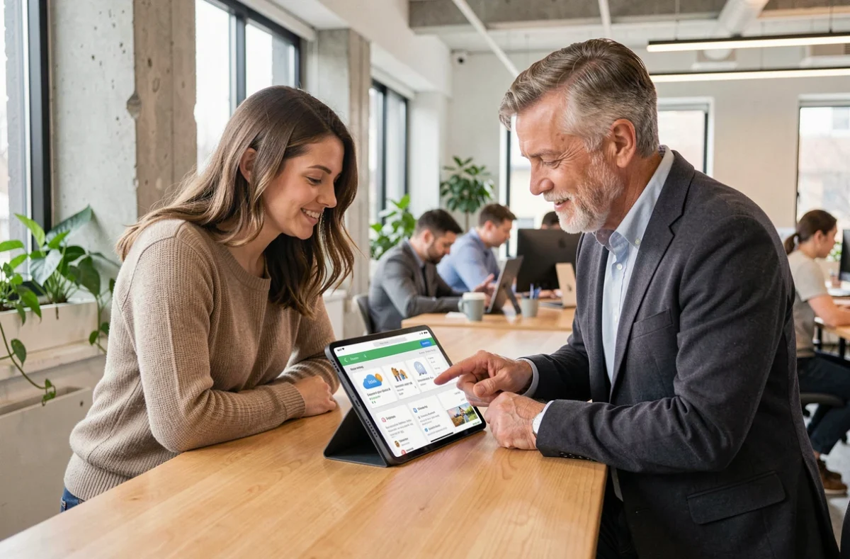 Deux collègues consultant ensemble les nouveautés de leur compte Arkevia sur une tablette dans un espace de co-working moderne