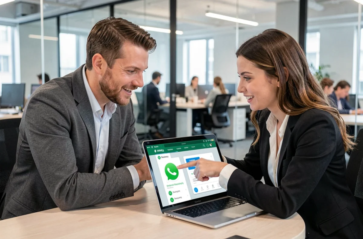 Deux collègues comparant les options WhatsApp Business et WhatsApp professionnel sur un ordinateur portable en salle de réunion