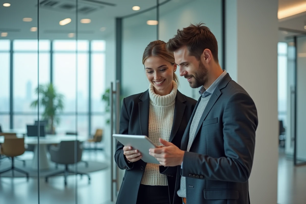 Deux collègues francophones consultant Career Trotter sur une tablette dans un bureau moderne multiculturel