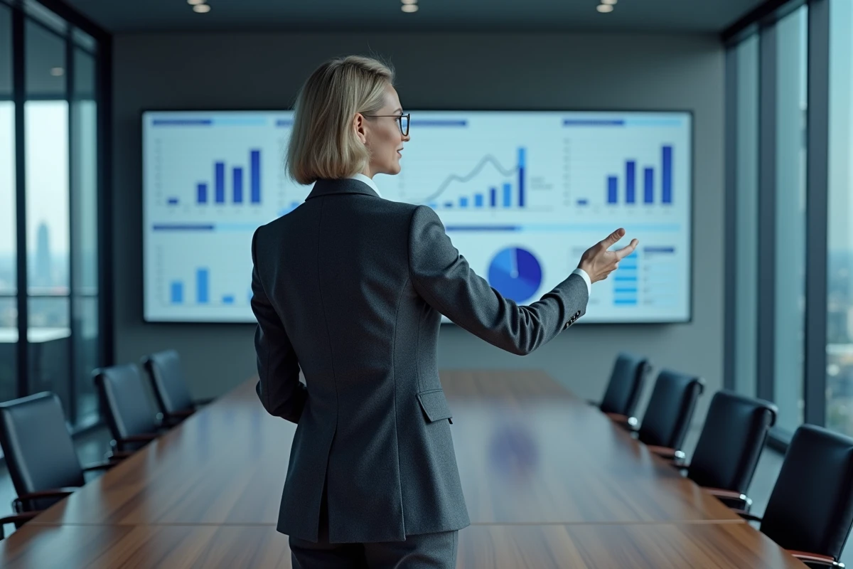 Directrice exécutive présentant un tableau de bord digital en temps réel lors d'une réunion de COMEX dans une salle de réunion moderne