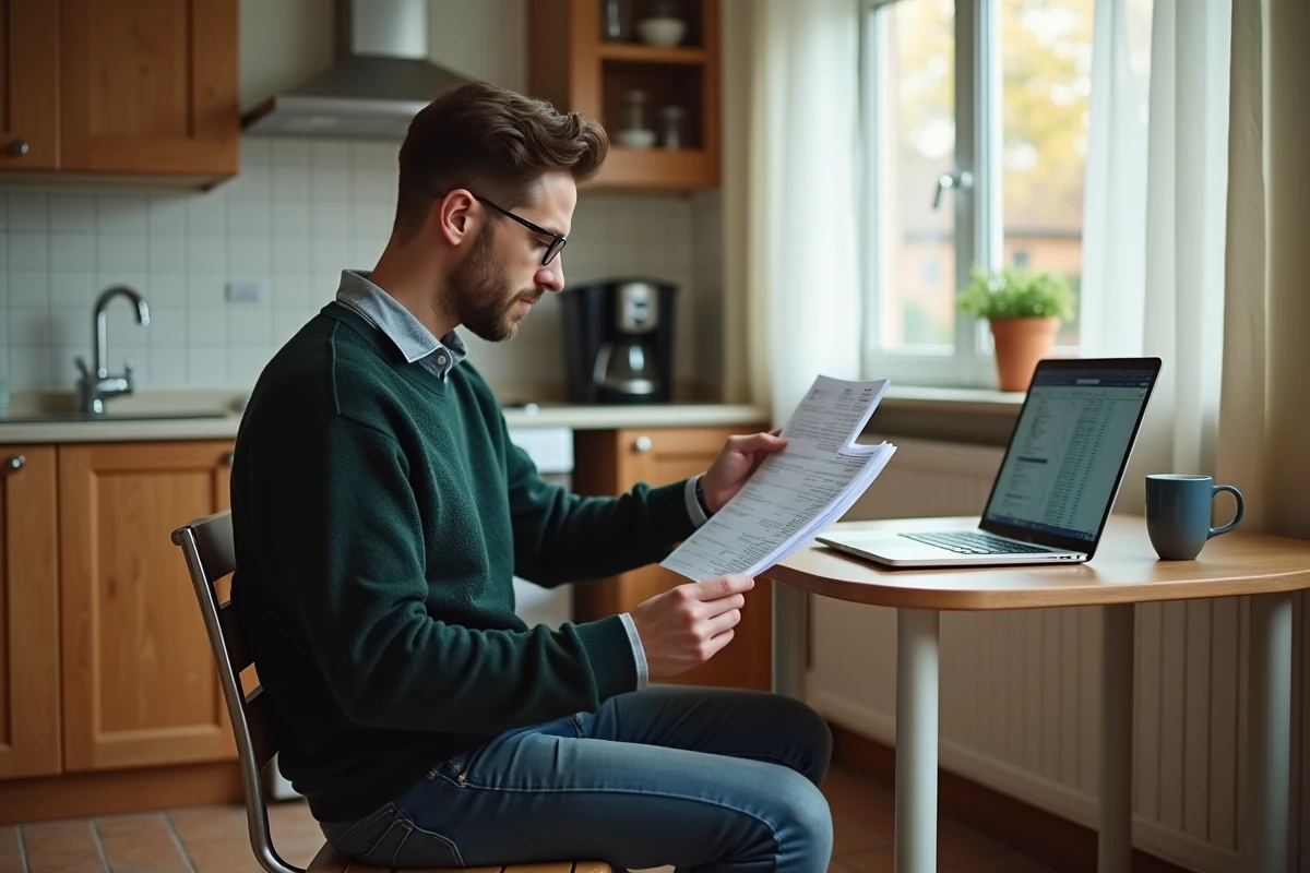 Jeune homme comparant deux fiches de paie CDD et intérim à son domicile