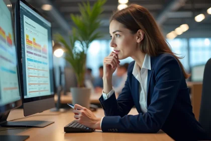 Femme comparant les formules tarifaires d'outils IA sur son ordinateur avant un achat professionnel
