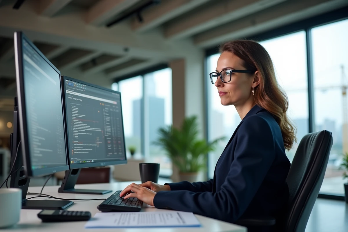 Comptable spécialisée BTP travaillant sur deux écrans affichant un logiciel de gestion de chantier intégré à un outil comptable dans un bureau moderne