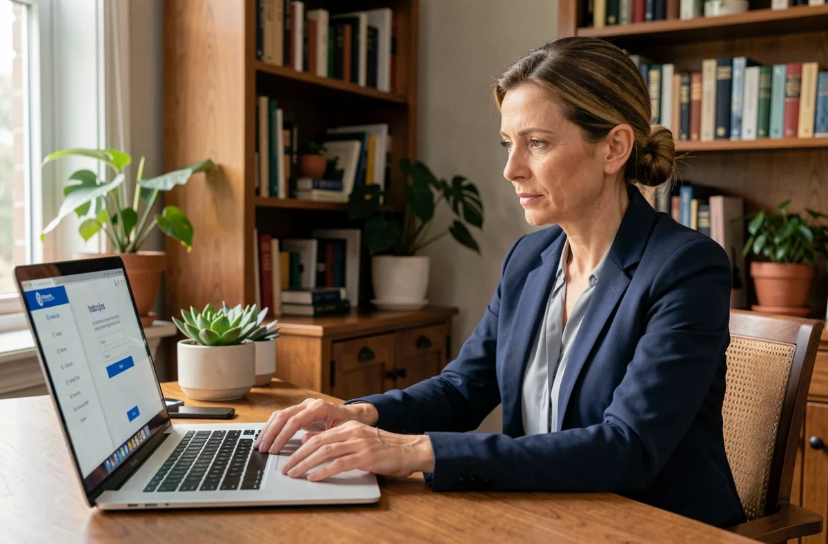 Femme professionnelle se connectant à l'intranet de la Région depuis son bureau à domicile sur un ordinateur portable sécurisé