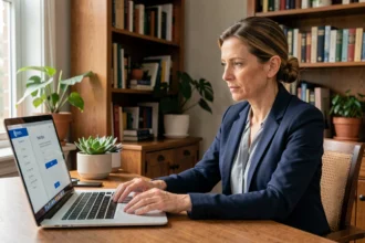 Femme professionnelle se connectant à l'intranet de la Région depuis son bureau à domicile sur un ordinateur portable sécurisé