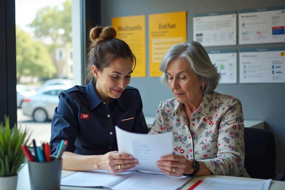 Conseillère La Poste aidant une personne âgée à naviguer sur le portail Portail-Malin pour ses services sociaux