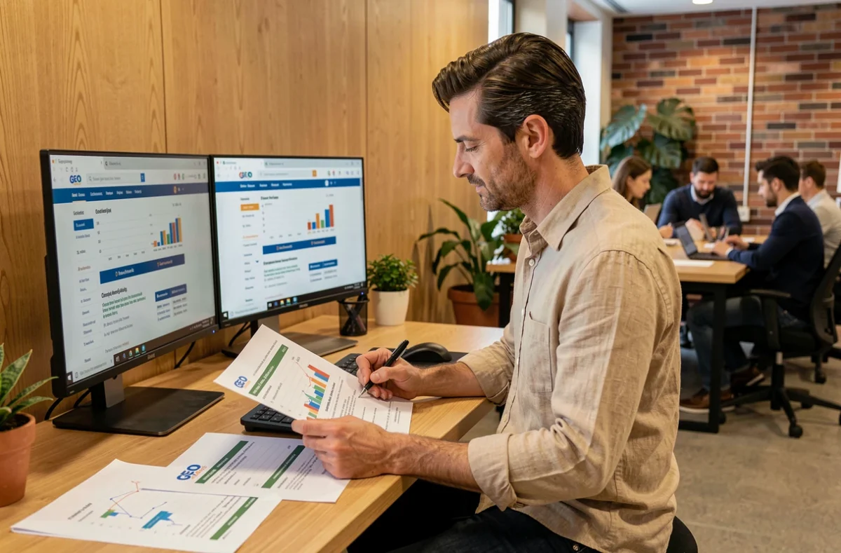 Consultant GEO travaillant sur un audit de lancement produit dans un espace de coworking