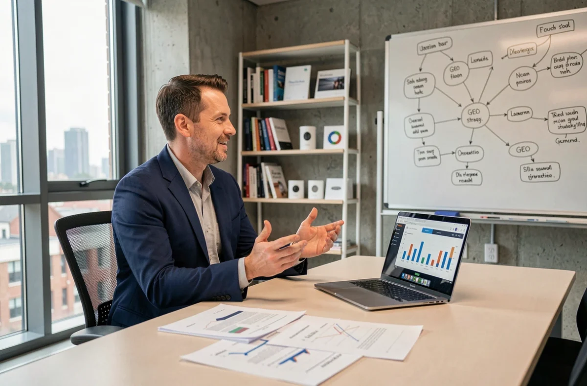 Consultant GEO en réunion de stratégie pour un lancement de produit dans un bureau moderne