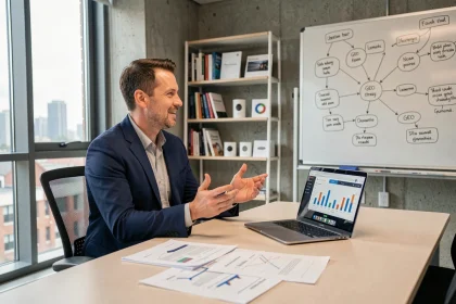 Consultant GEO en réunion de stratégie pour un lancement de produit dans un bureau moderne