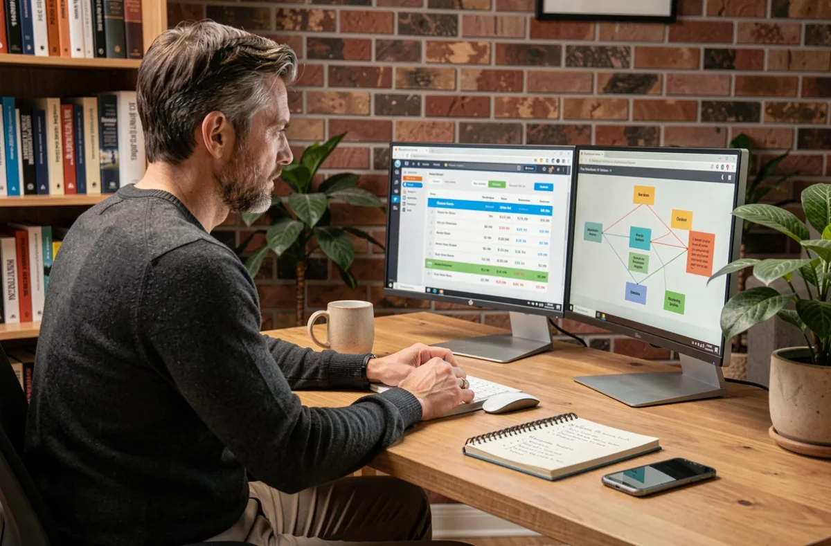 Consultant en webmarketing travaillant sur une stratégie des 4 P avec tableaux de prix et entonnoir de conversion sur double écran