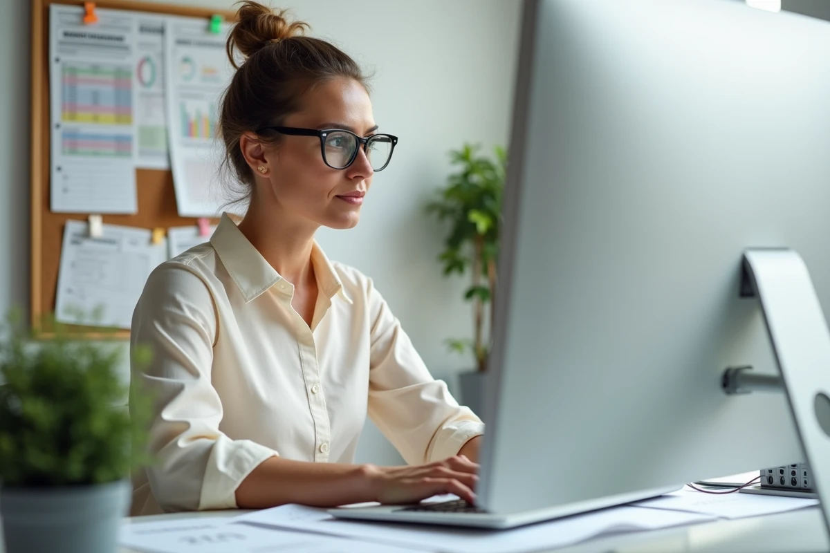 Femme consultante à son bureau à domicile analysant un tableau de commissions sur ordinateur avec des documents imprimés