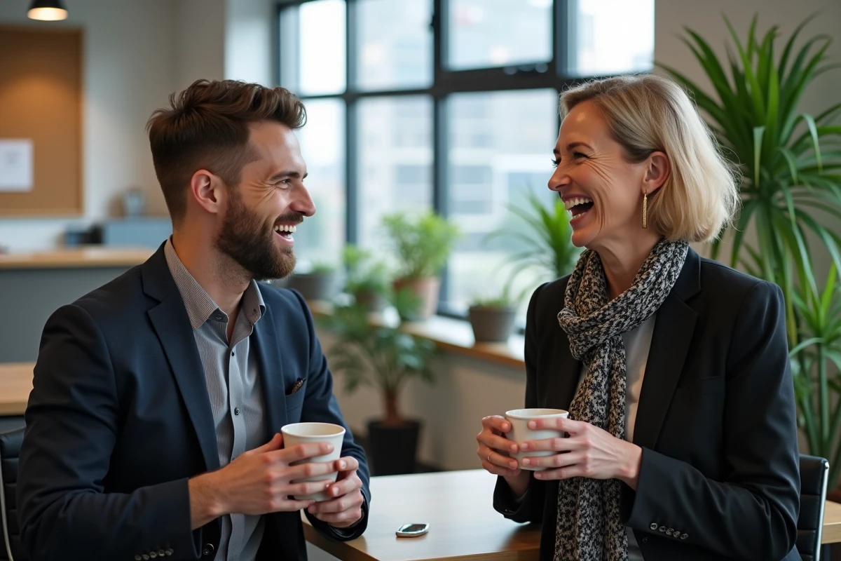 Manager RH discutant avec un coll&egrave;gue dans un espace d&eacute;tente