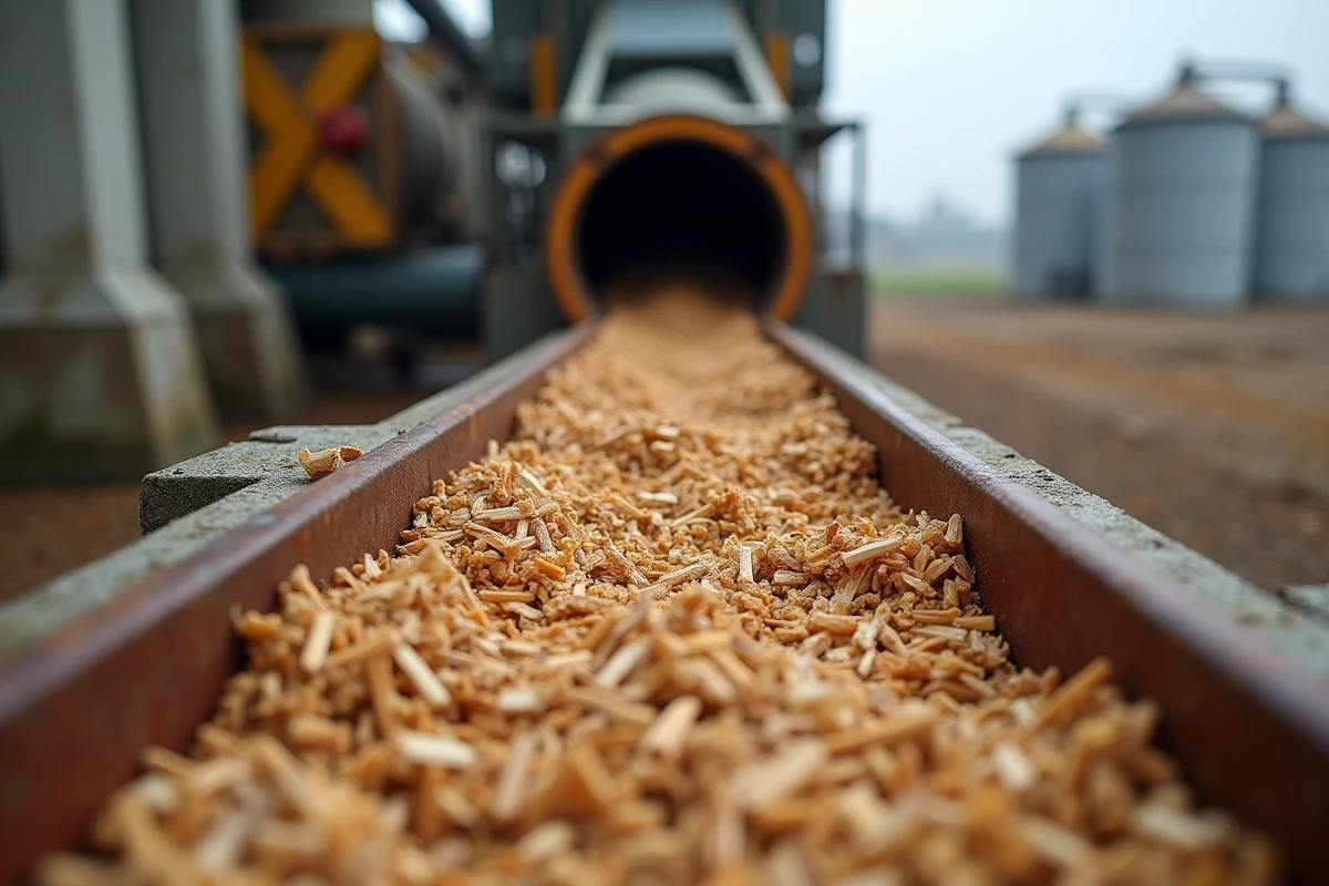 Tapis roulant transportant des copeaux de bois et résidus agricoles vers une installation de traitement bioénergétique
